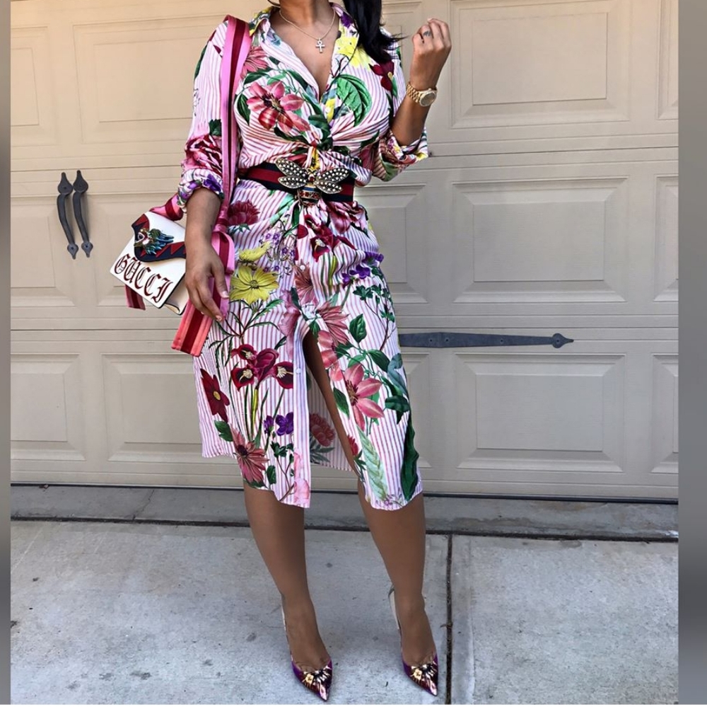 Striped, knotted, floral dress.
